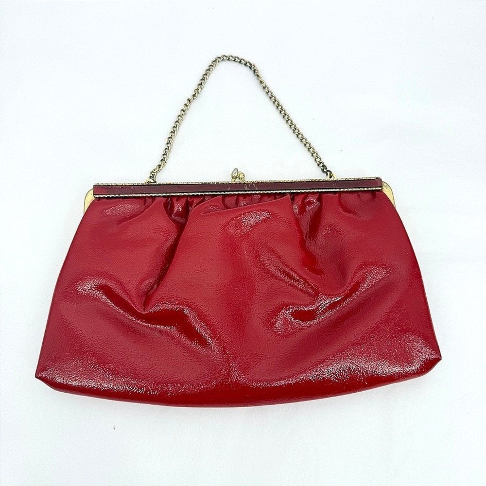 Red Patent VTG Clutch Bag Kiss Lock Chain Top Handle Evening Purse Rockabilly